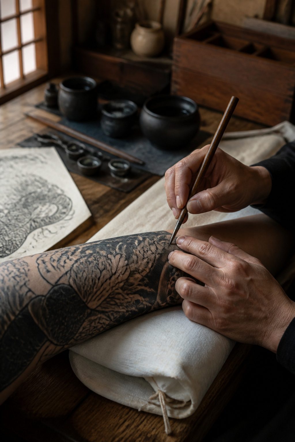 An artisan's workspace showing tebori hand-poking tools and ink.