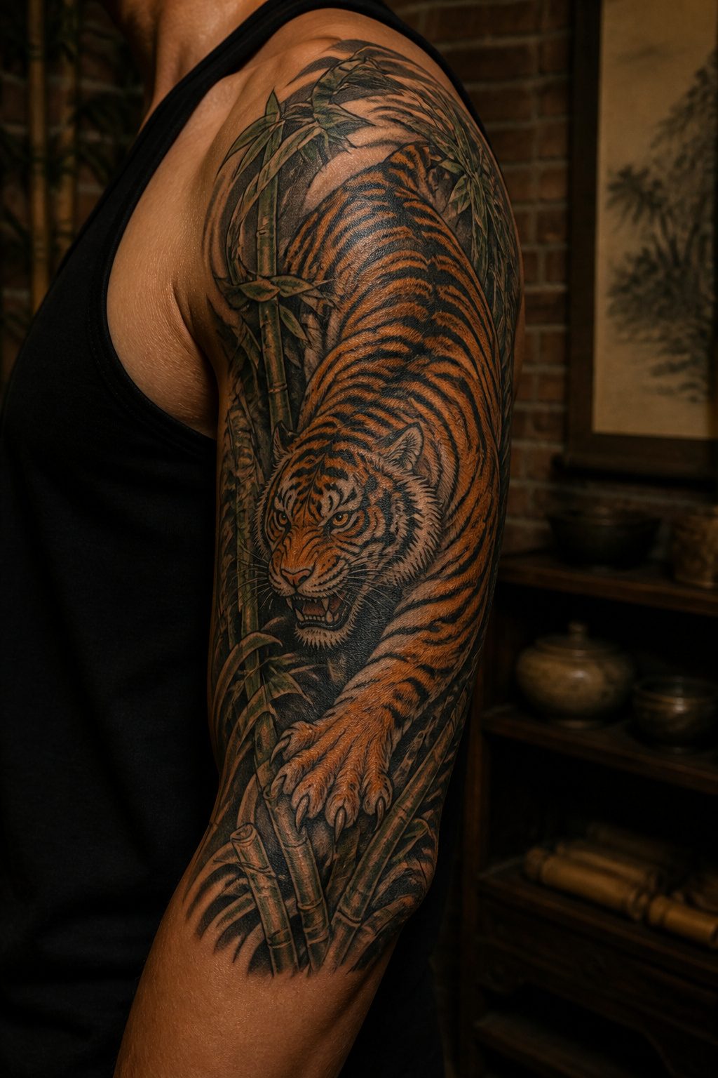 A tiger tattoo on the outer arm, reflecting traditional Japanese style.