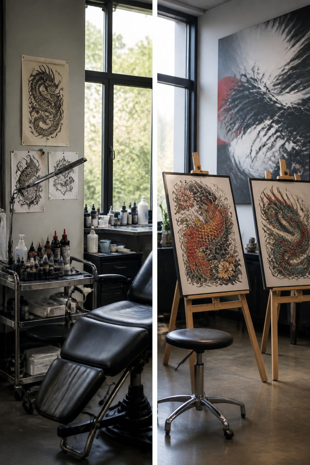 A collection of Western-style tattoos inspired by traditional Japanese motifs.