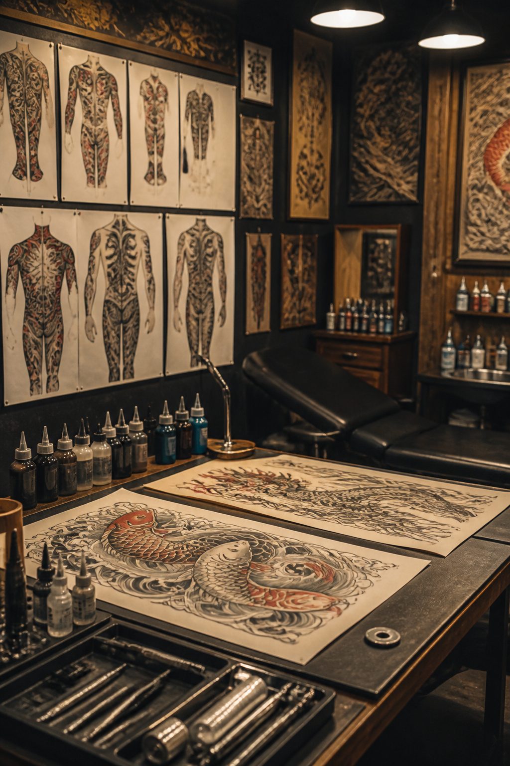 A workspace with traditional Japanese tattoo designs and placement references.