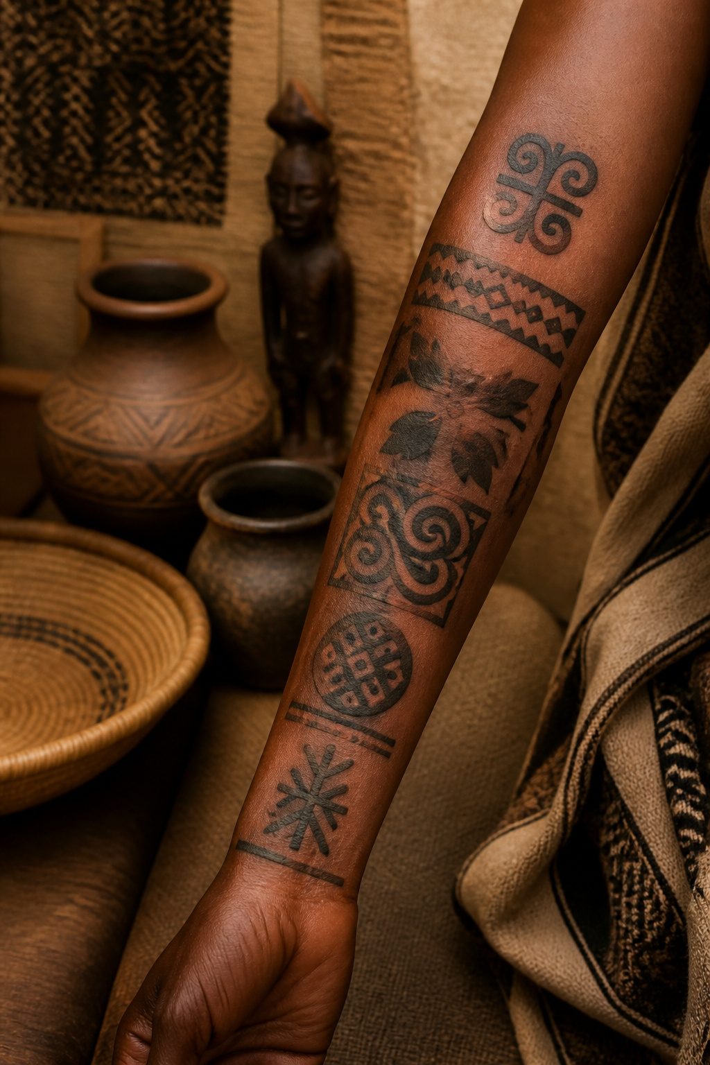 Close-up of arm with geometric African Adinkra symbols in black ink.