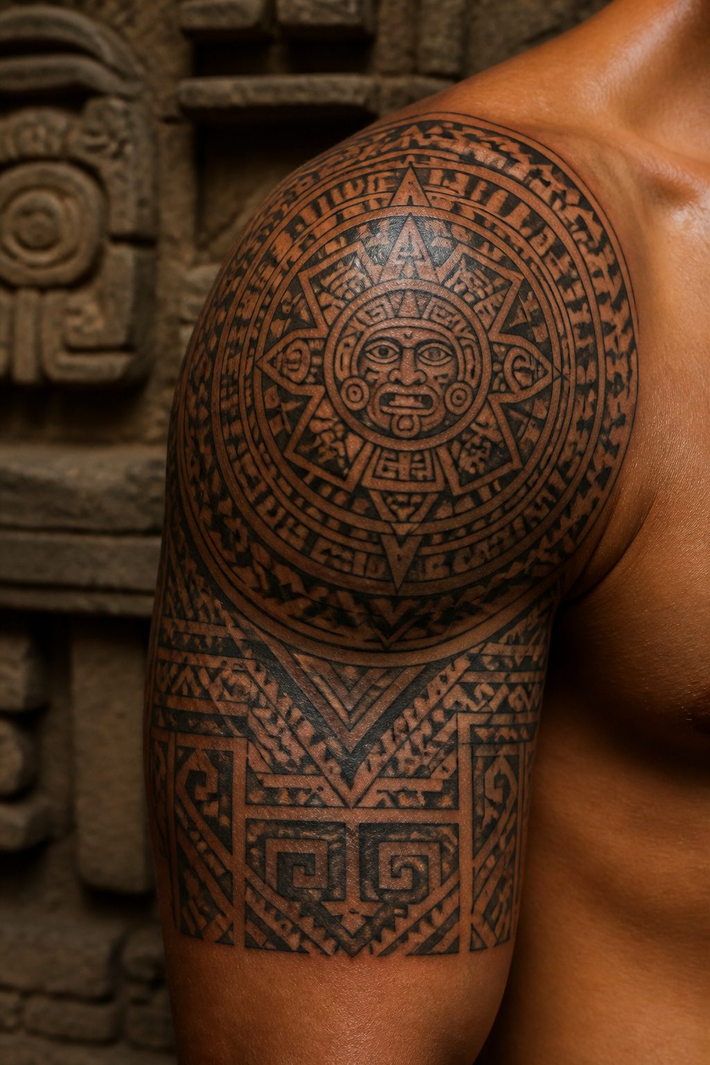 Aztec tribal tattoos with intricate geometric designs and sun motifs.