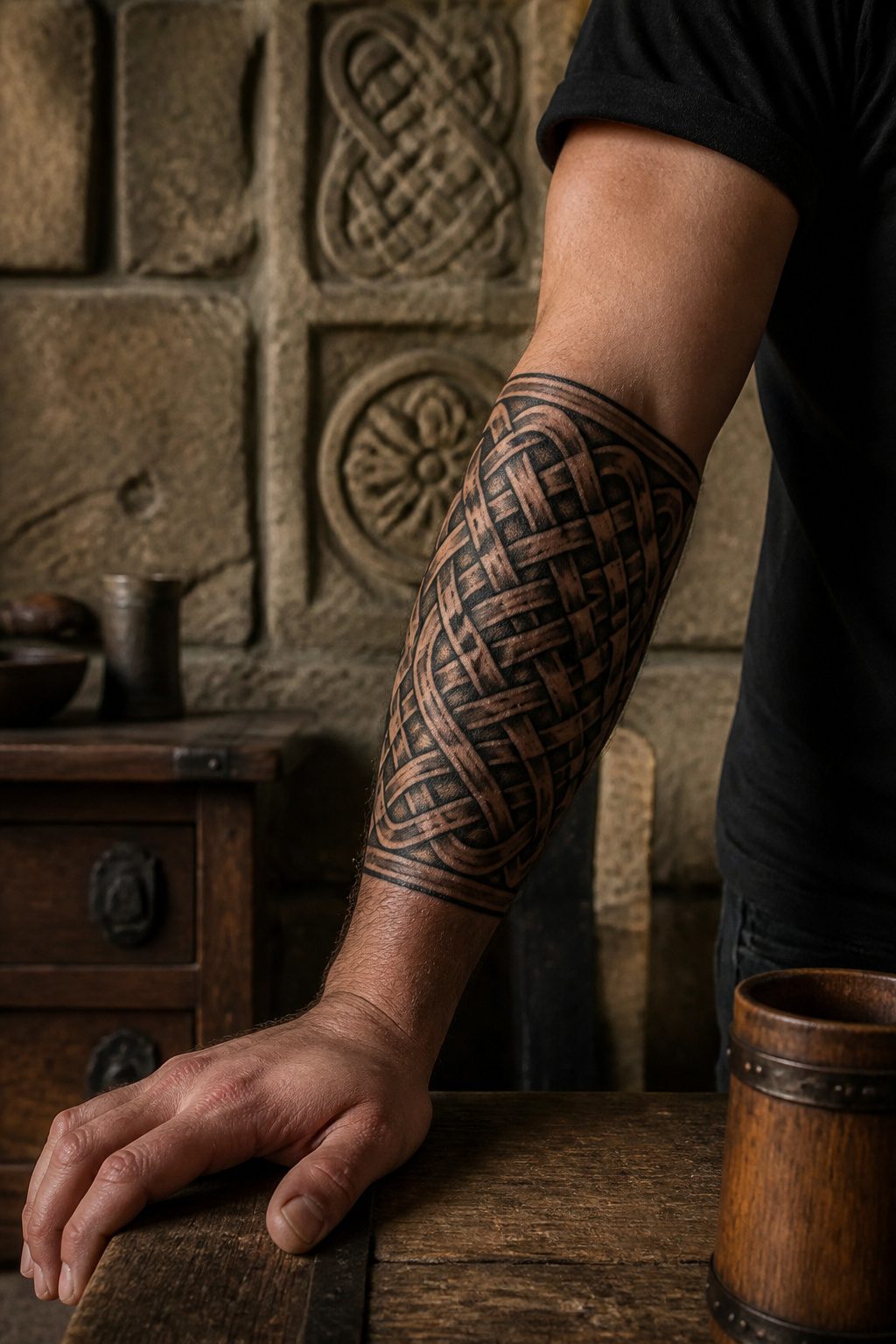 Man's arm with a colorful Celtic knot tattoo against stone wall background.