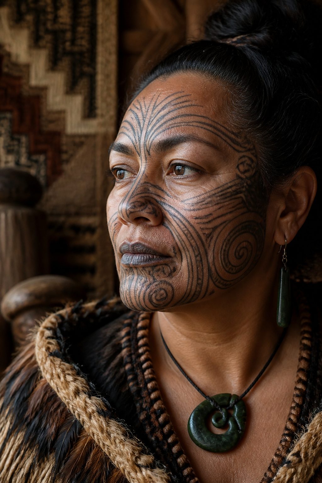 Close-up of a woman's face with detailed ta moko tattoo patterns.