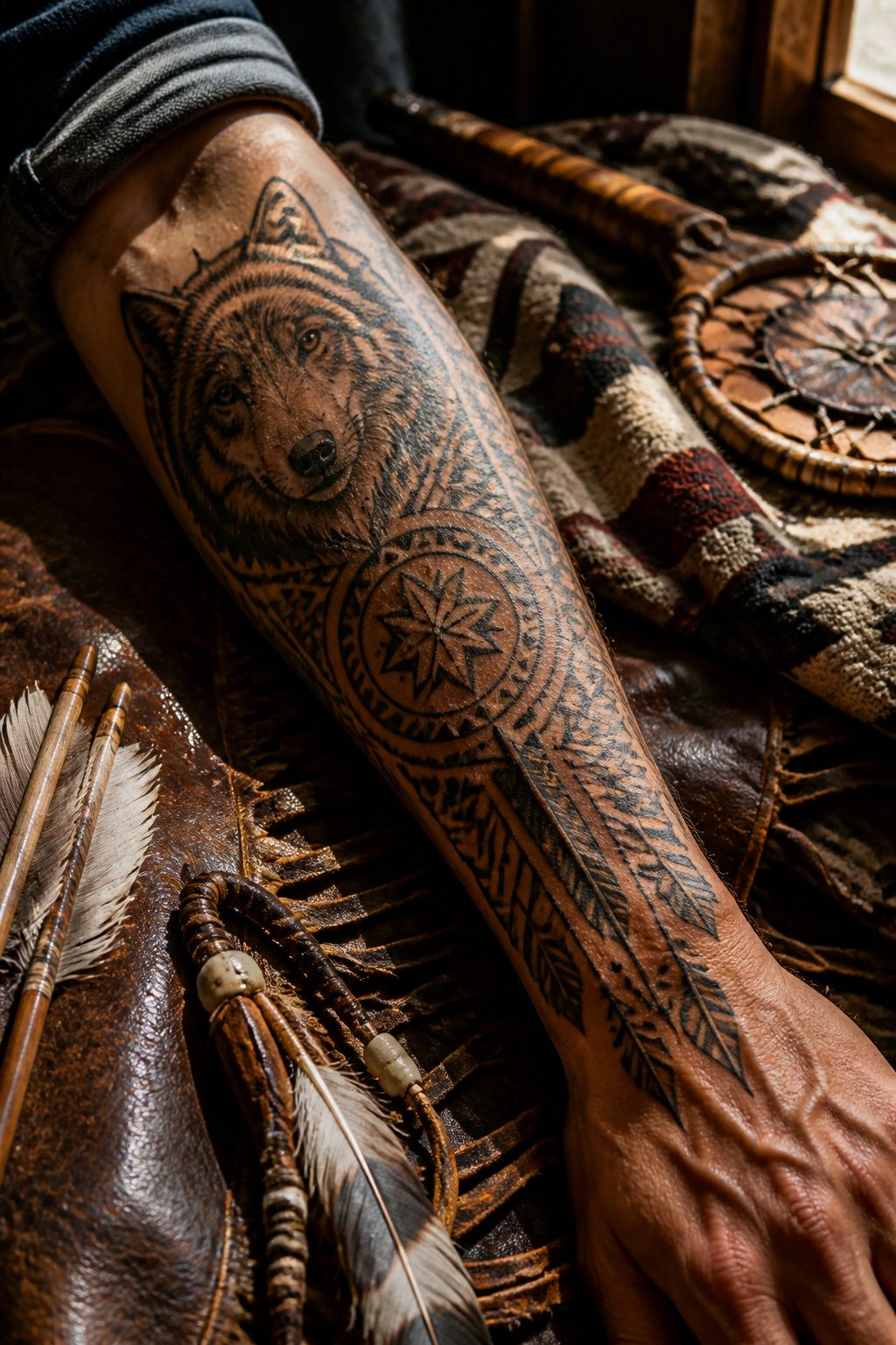 Native American tattoos with animal symbols and geometric patterns.