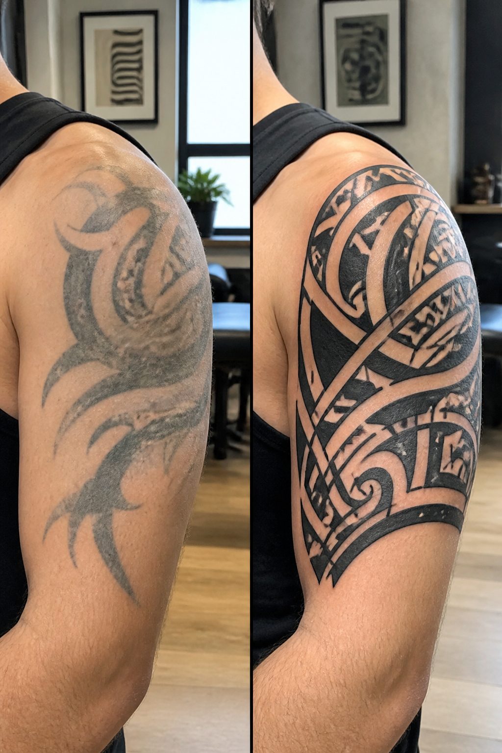 Neo-tribal tattoo featuring geometric patterns and colorful designs.