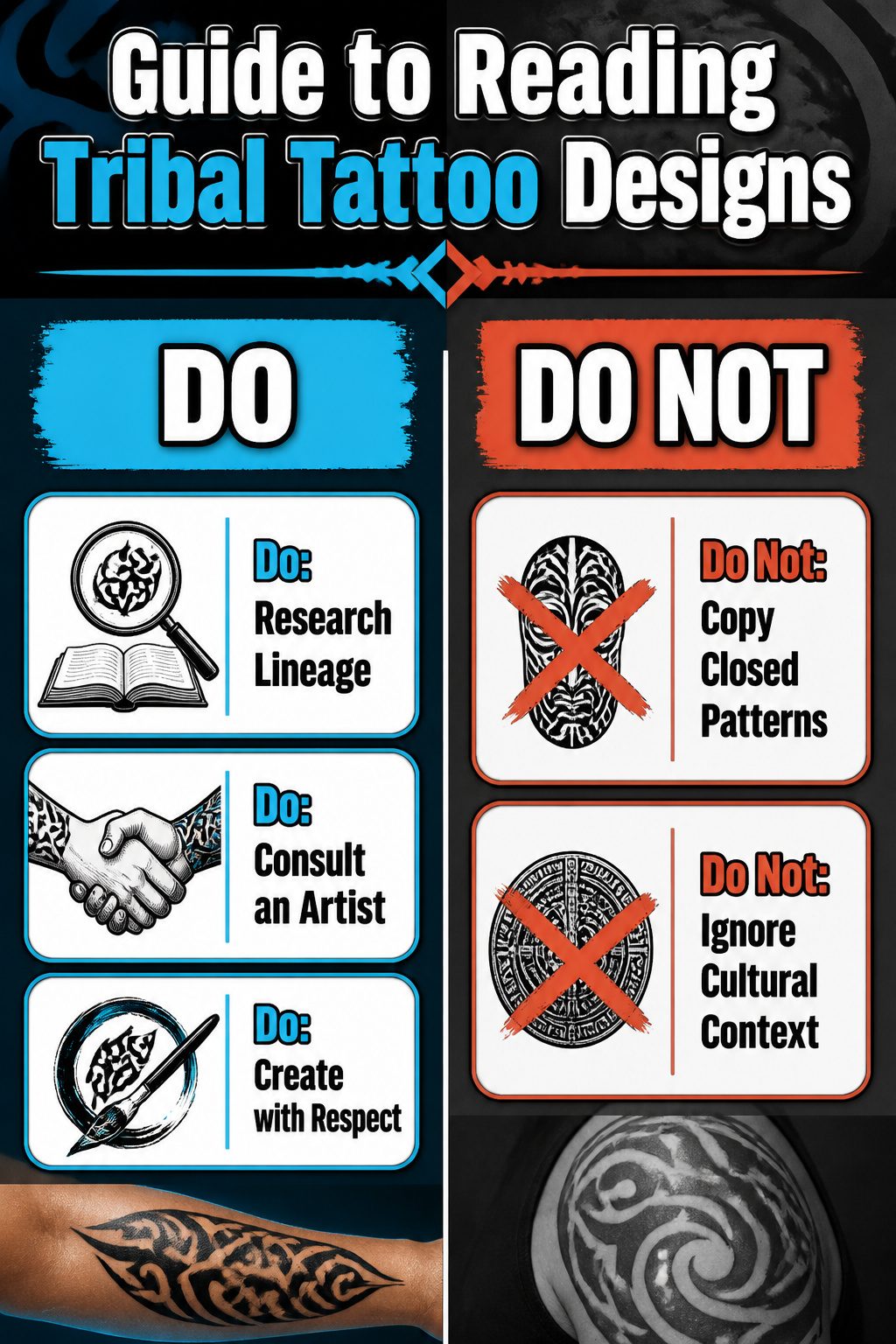 Guide to reading tribal tattoo designs and their meanings.