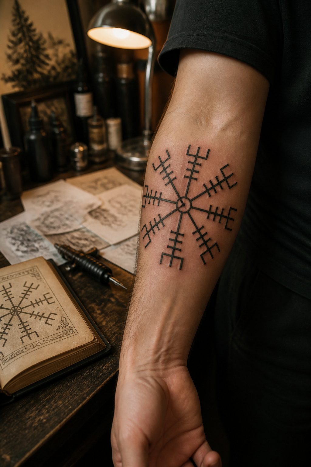 A tattoo of the Ægishjálmr, or Helm of Awe, on a forearm.