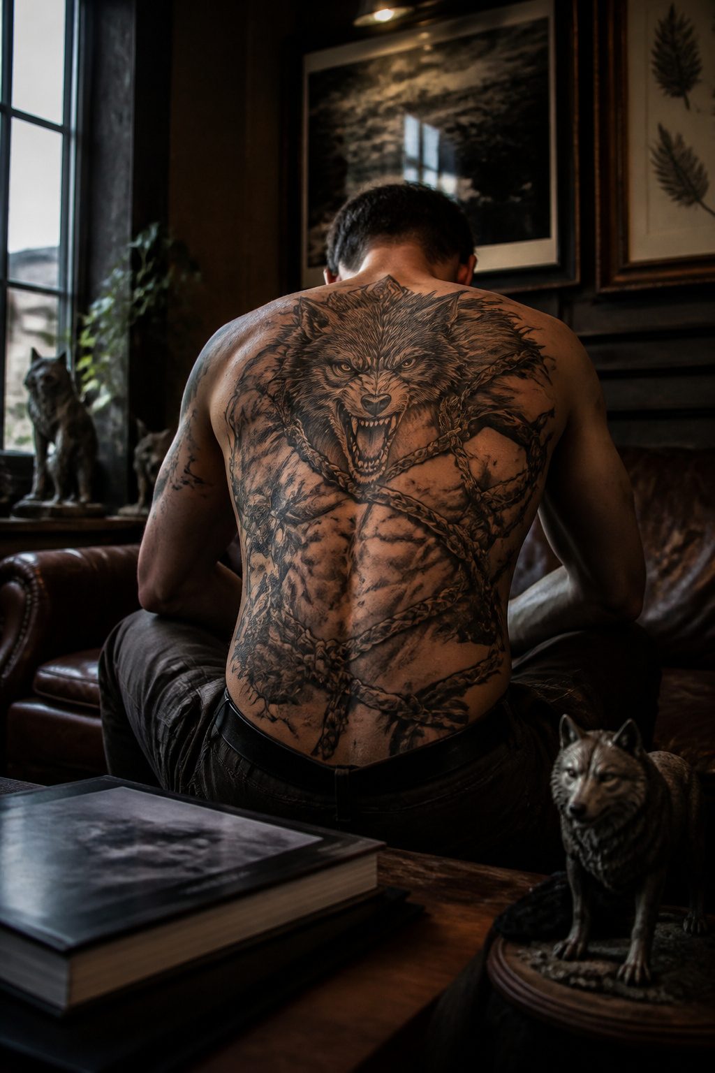 A tattoo of Fenrir, the wolf, showcasing dynamic tension.