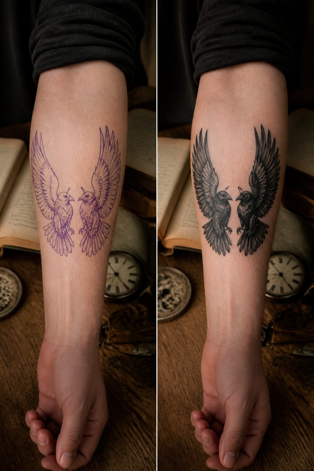 A tattoo of Odin's two ravens, Huginn and Muninn, in flight.