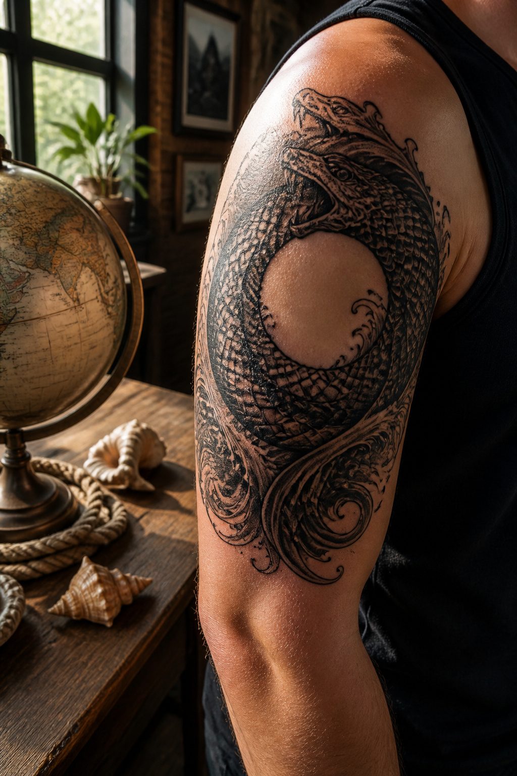 A detailed tattoo of Jörmungandr, the Midgard Serpent, on an upper arm.