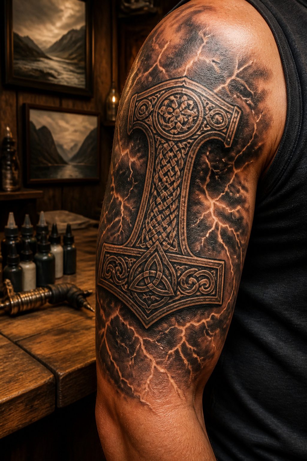 A tattoo of Mjölnir, Thor's hammer, displayed on a person's skin.