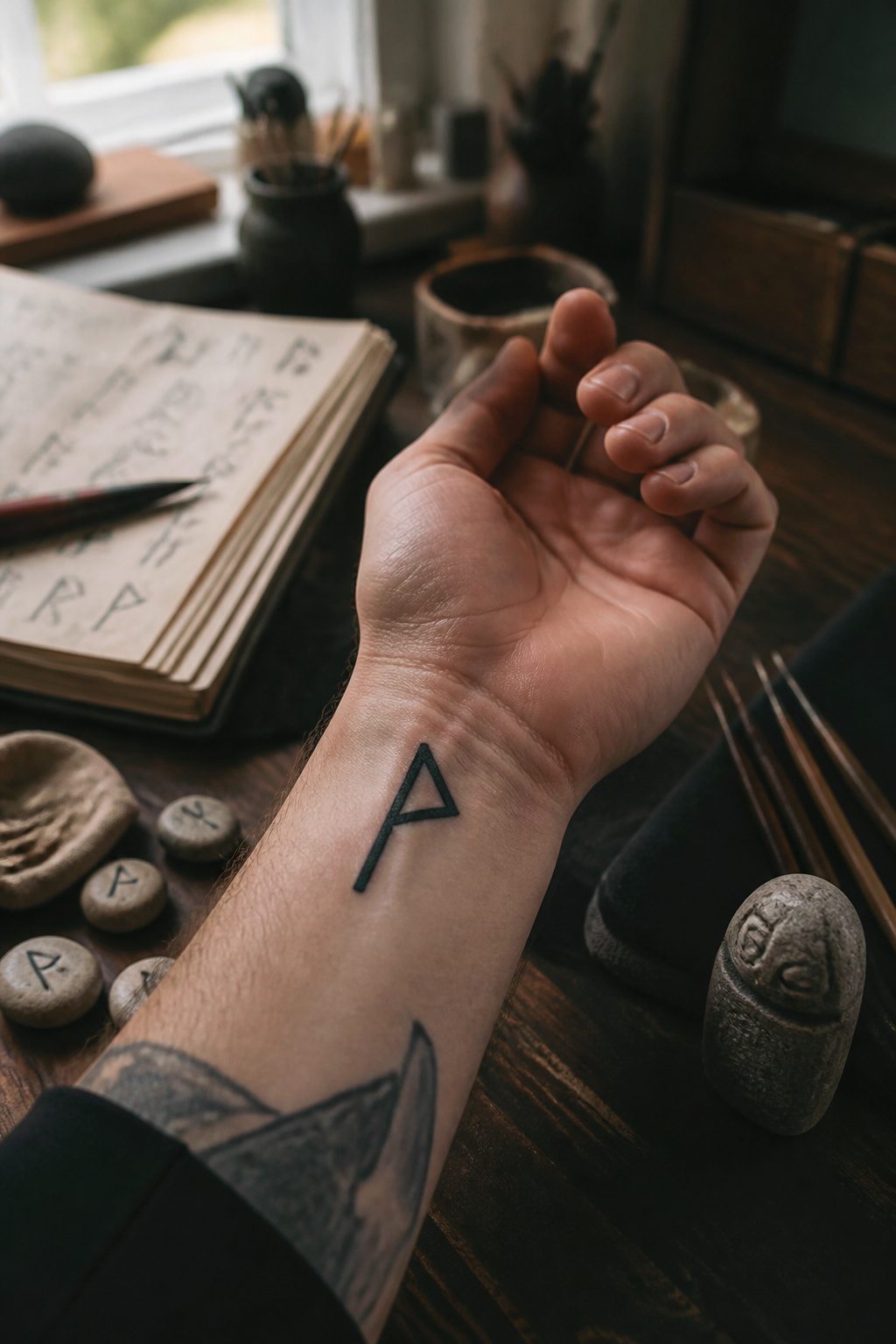 A tattoo of an Elder Futhark rune on a person's wrist.