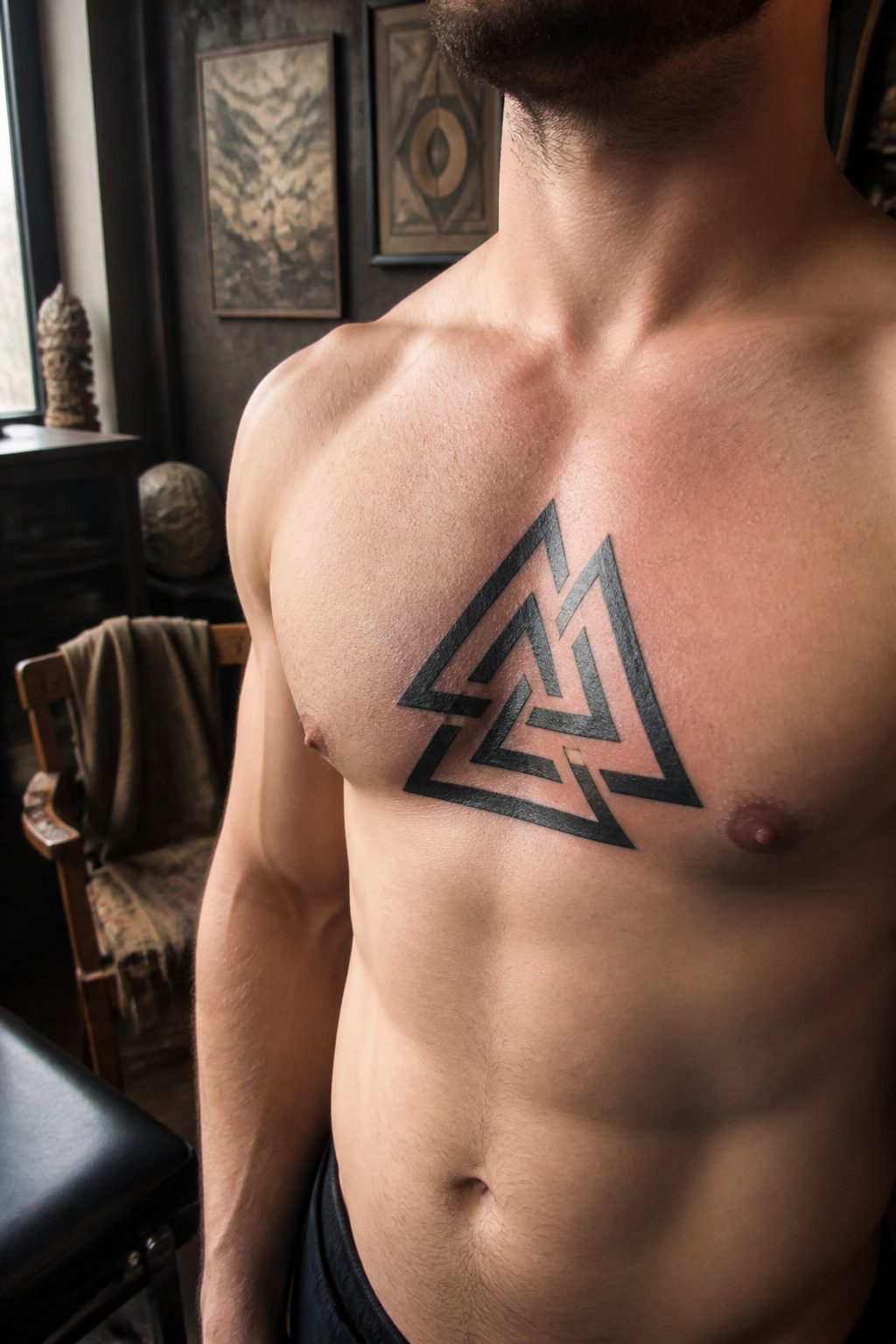 A Valknut tattoo inked in black linework on a male chest.