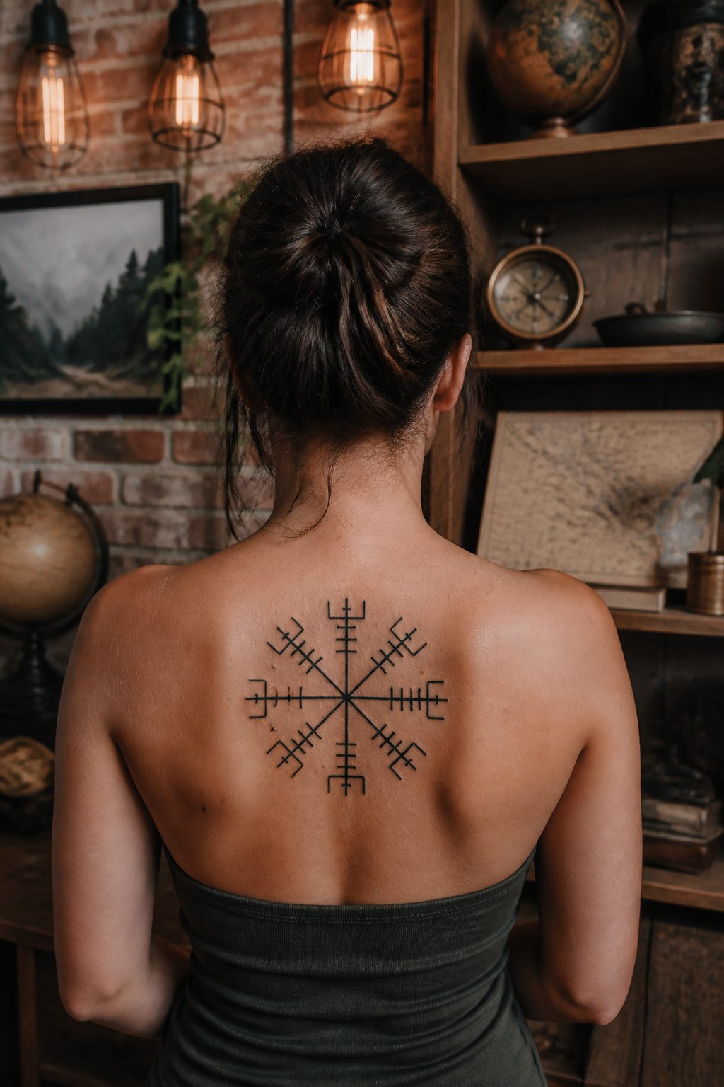 A Vegvísir tattoo with eight staves on a woman's upper back.
