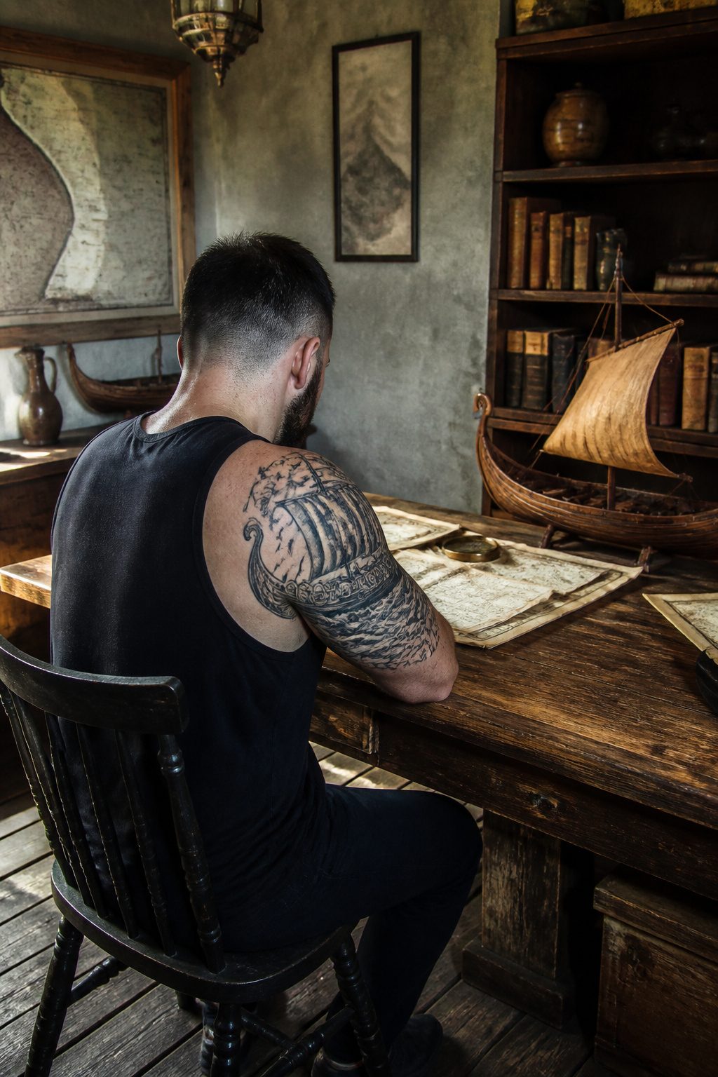 A tattoo of a Viking ship illustrating its elongated form.