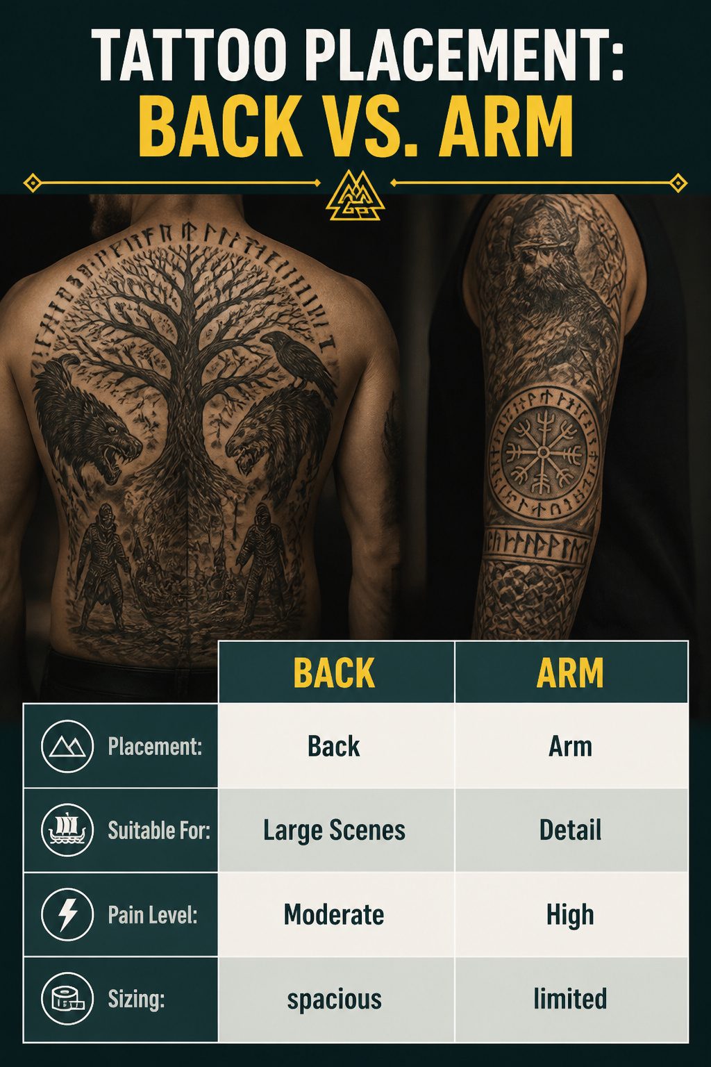 An image comparing tattoo placements on the back and arm.