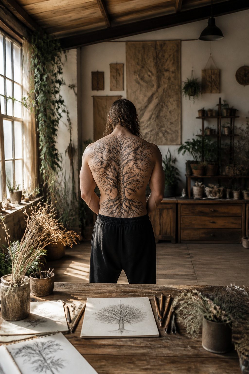 A Yggdrasil tattoo depicting the World Tree on a person's back.