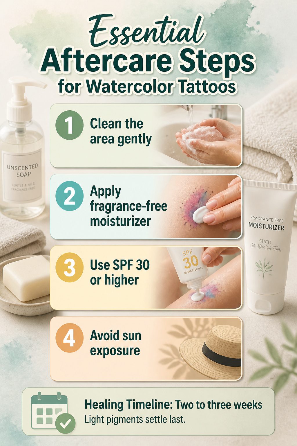 6 Watercolor Tattoo Essentials for 2026: Style, Care & Longevity 5 Information image titled 'Essential Aftercare Steps for Watercolor Tattoos.'