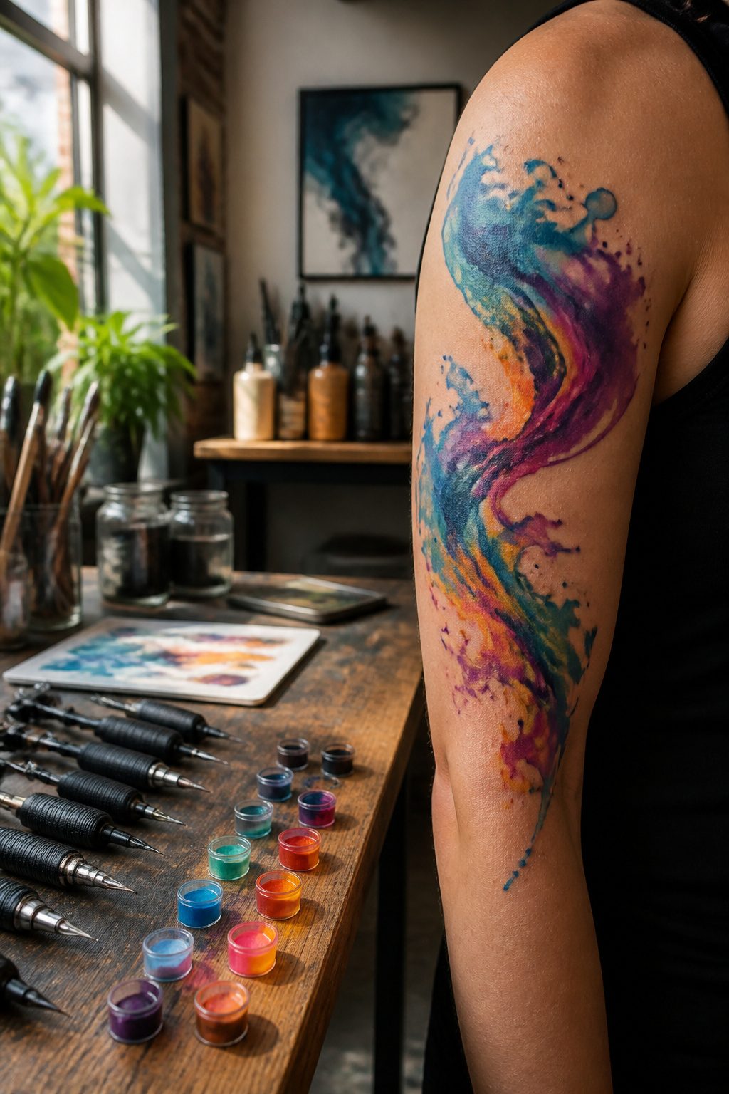 6 Watercolor Tattoo Essentials for 2026: Style, Care & Longevity 7 Watercolor tattoo with bright colors on an upper arm.
