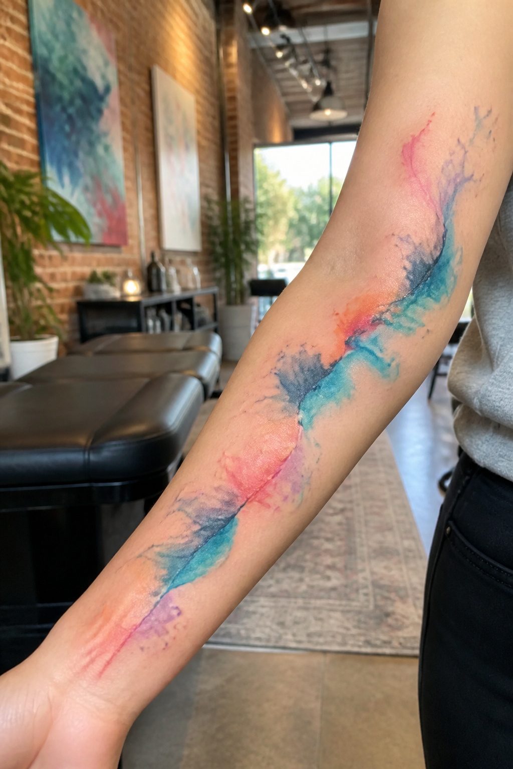 6 Watercolor Tattoo Essentials for 2026: Style, Care & Longevity 1 Watercolor tattoo with teal, coral, and lavender on a light forearm.