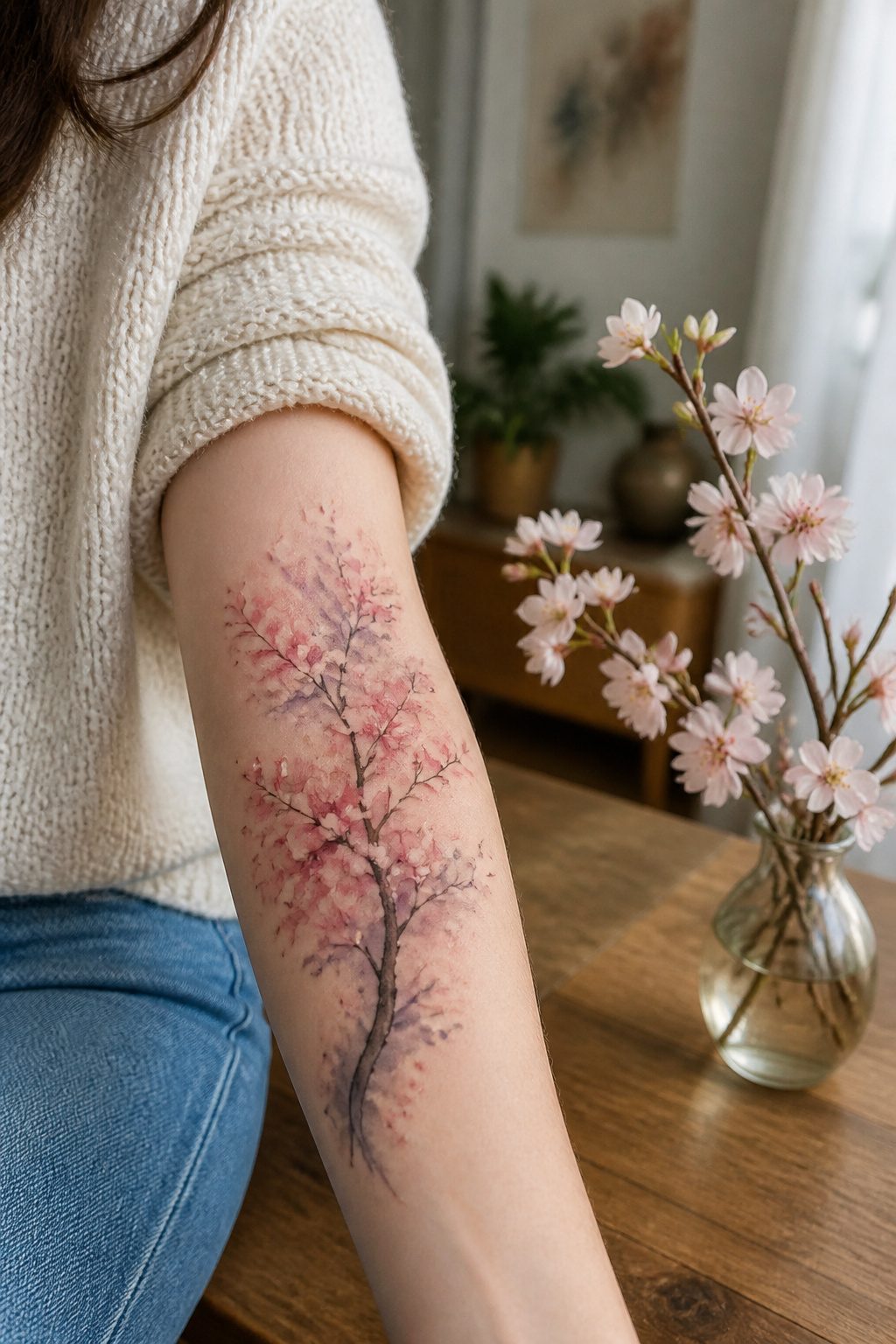 6 Watercolor Tattoo Essentials for 2026: Style, Care & Longevity 3 Watercolor tattoo of a cherry blossom tree on a light arm.