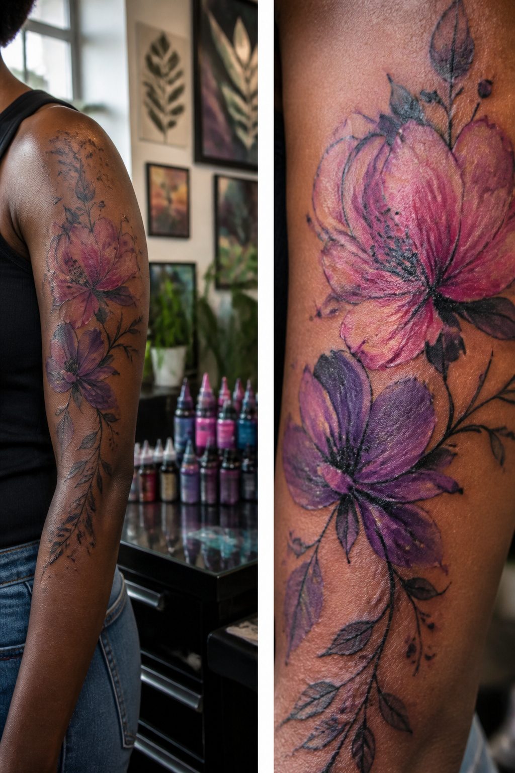 6 Watercolor Tattoo Essentials for 2026: Style, Care & Longevity 6 Watercolor tattoo displayed on darker skin.