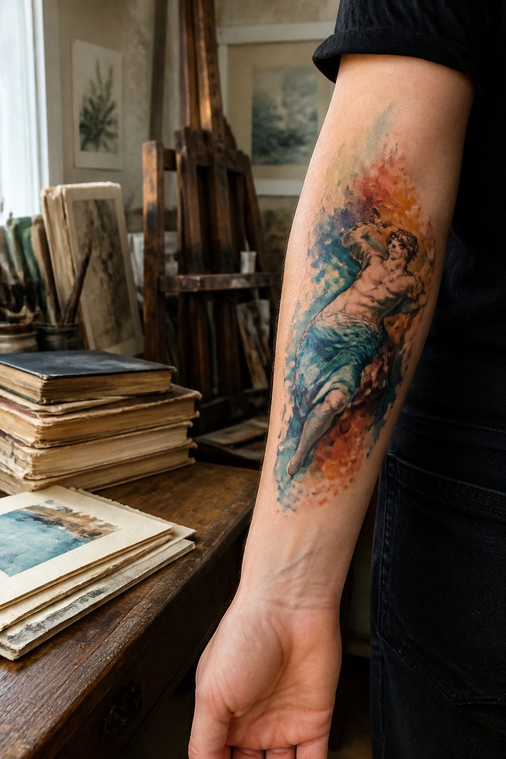 6 Watercolor Tattoo Essentials for 2026: Style, Care & Longevity 10 Watercolor tattoo depicting an abstract interpretation of Renaissance art.
