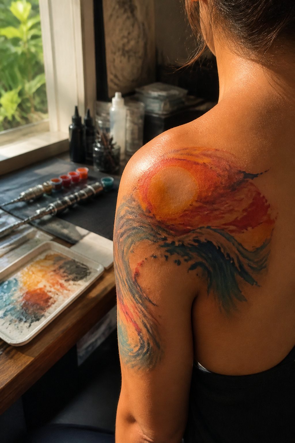 6 Watercolor Tattoo Essentials for 2026: Style, Care & Longevity 2 Watercolor tattoo with sunset colors on a sun-kissed shoulder.