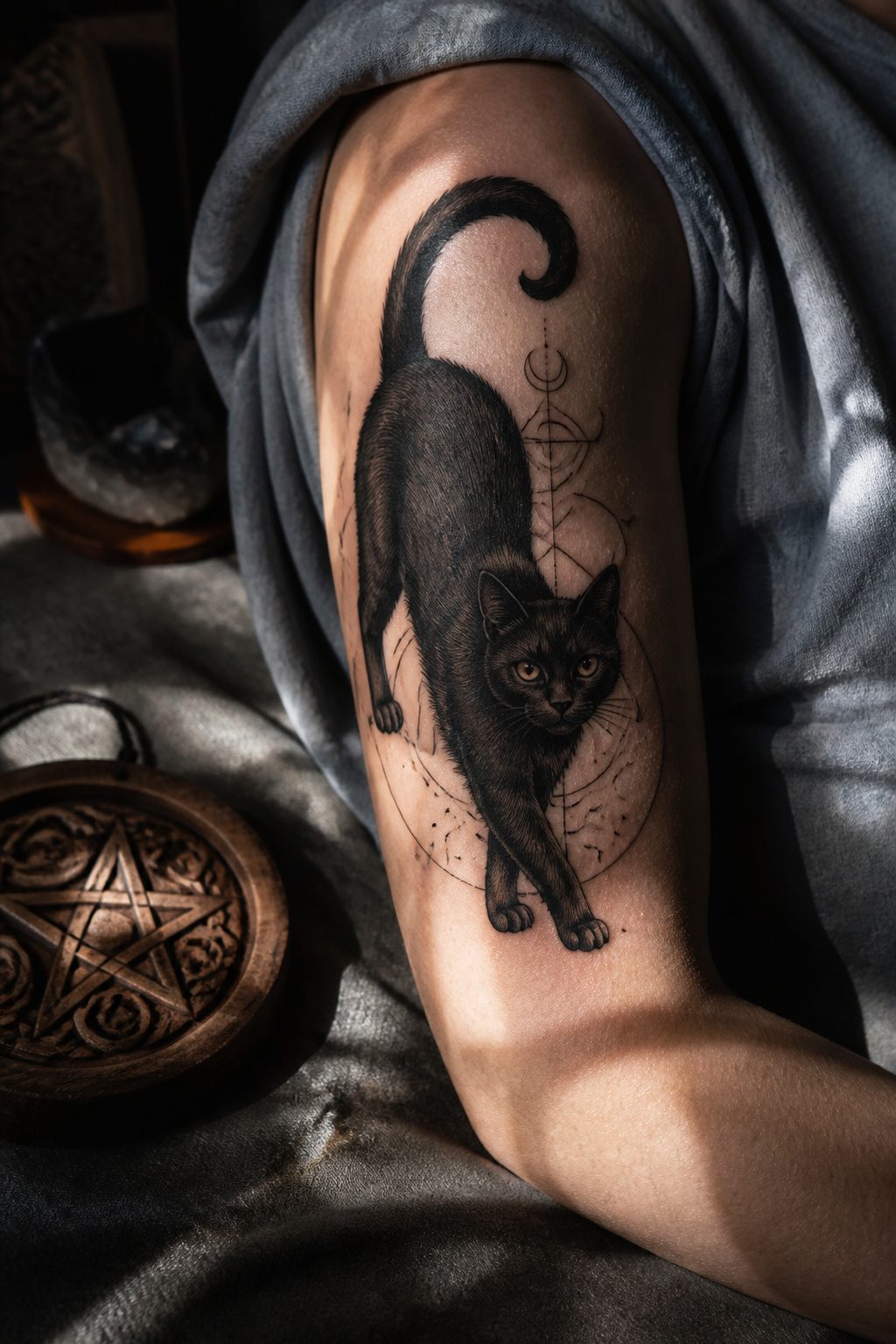 A silhouette tattoo of a black cat with a crescent moon.
