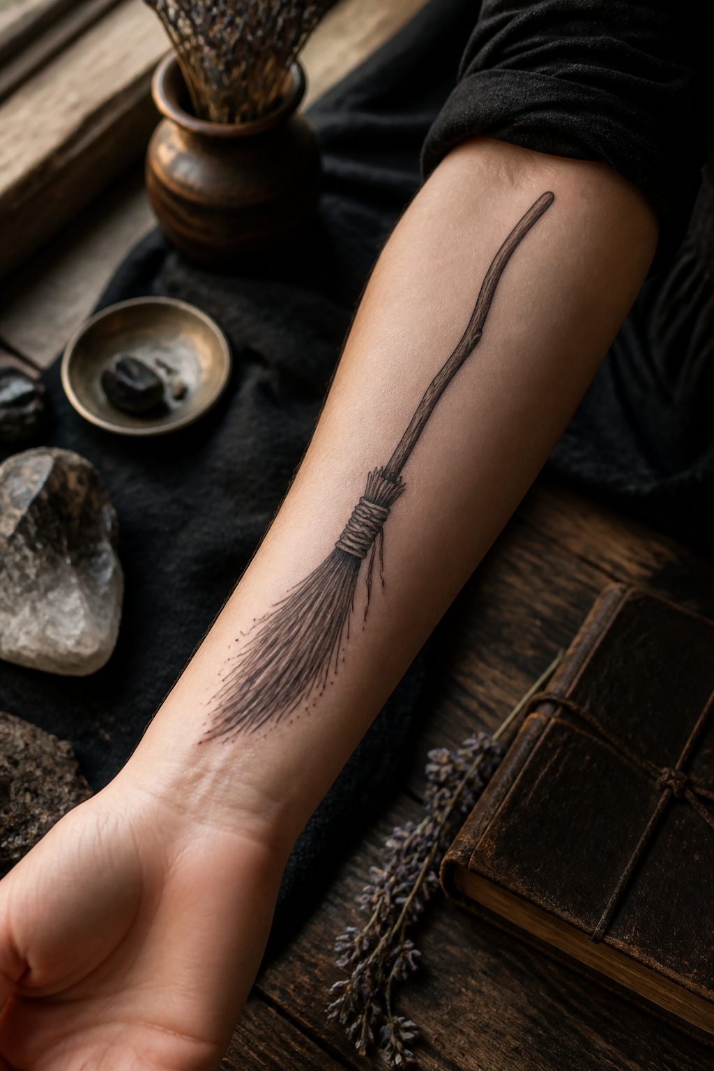 A broomstick tattoo with a thin handle and splayed bristles.