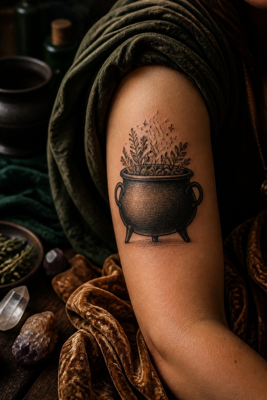 A detailed tattoo of a cauldron with three legs and flames.