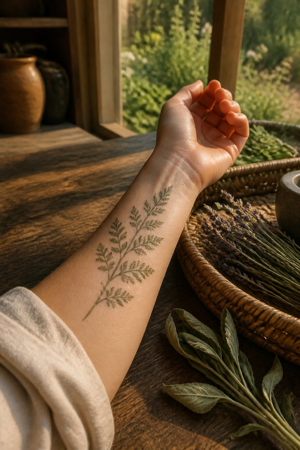 A delicate tattoo of a mugwort plant with detailed leaves.