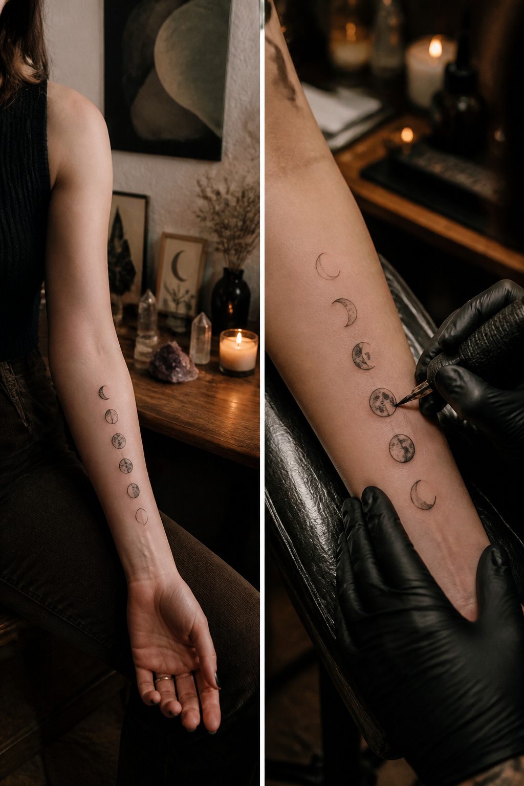 Tattoo of multiple moon phases, including crescent and full moons.