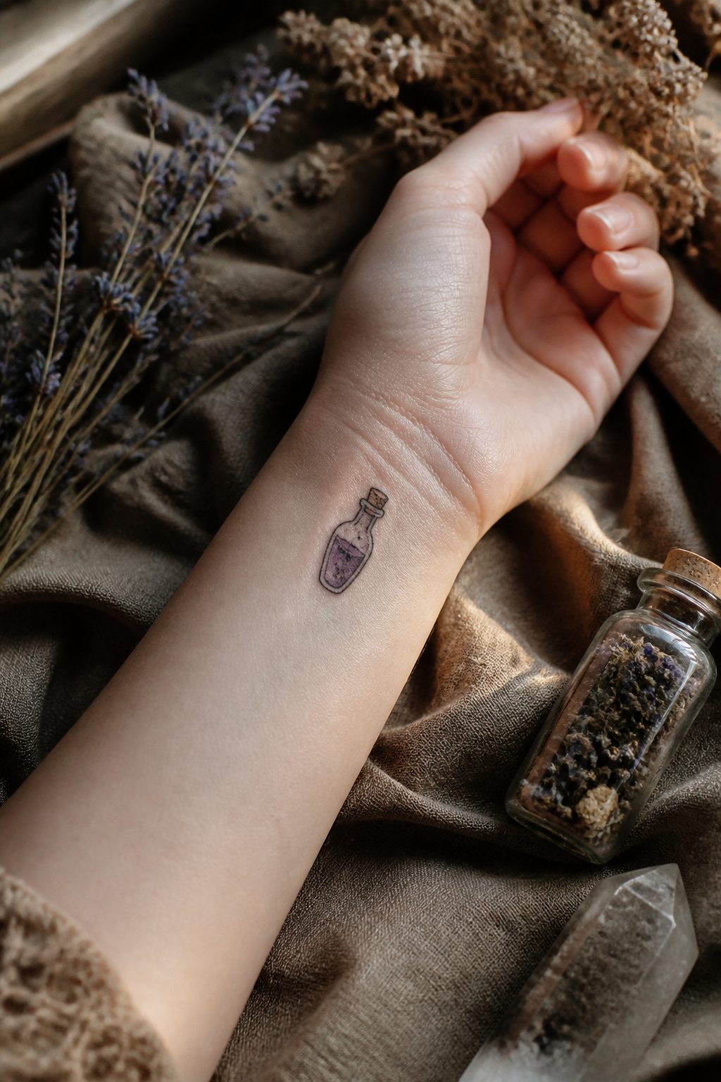 A detailed tattoo of a potion bottle with a cork stopper.