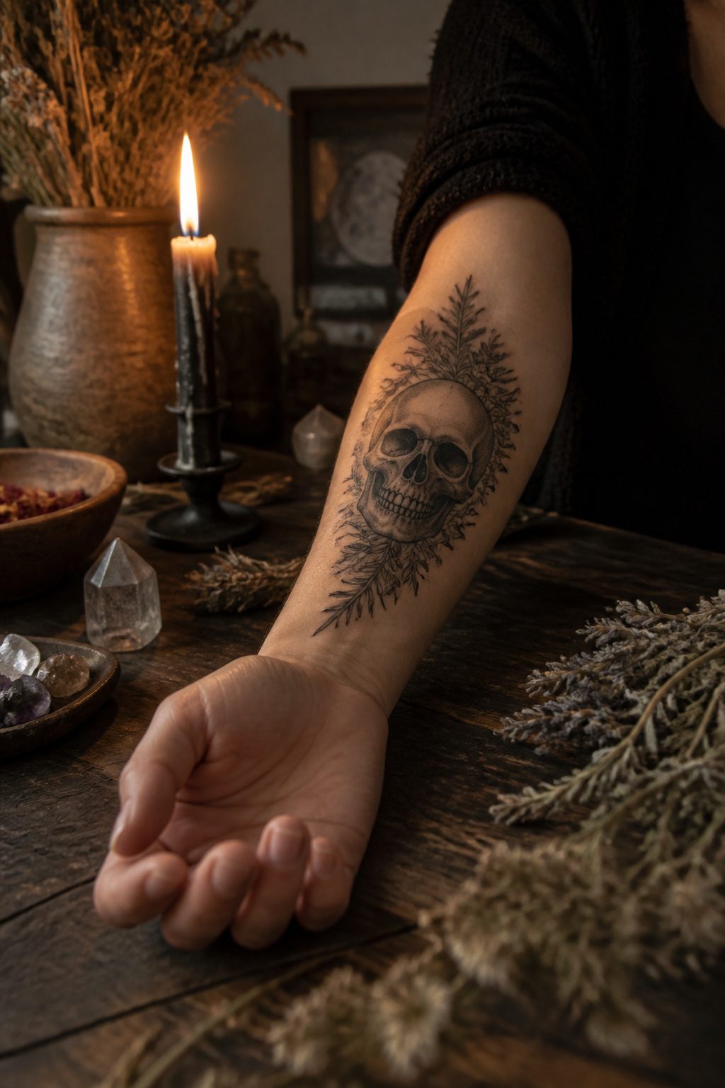 A skull tattoo with dried herbs in the background.