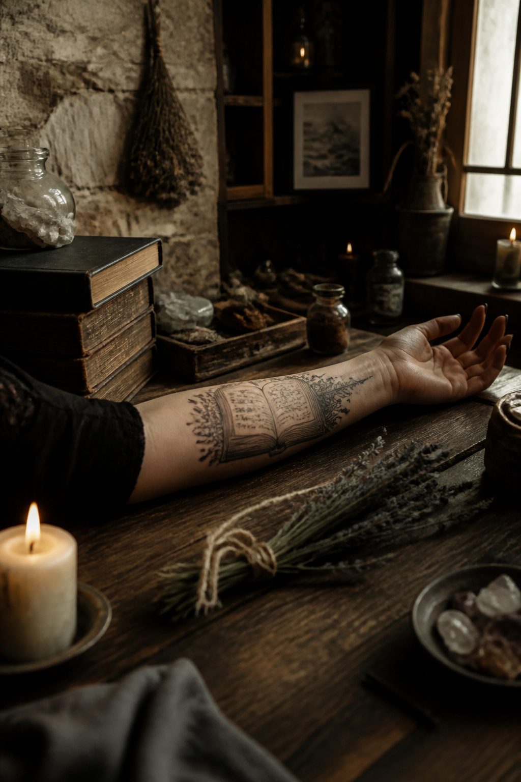 Tattoo of an open spell book on a forearm.