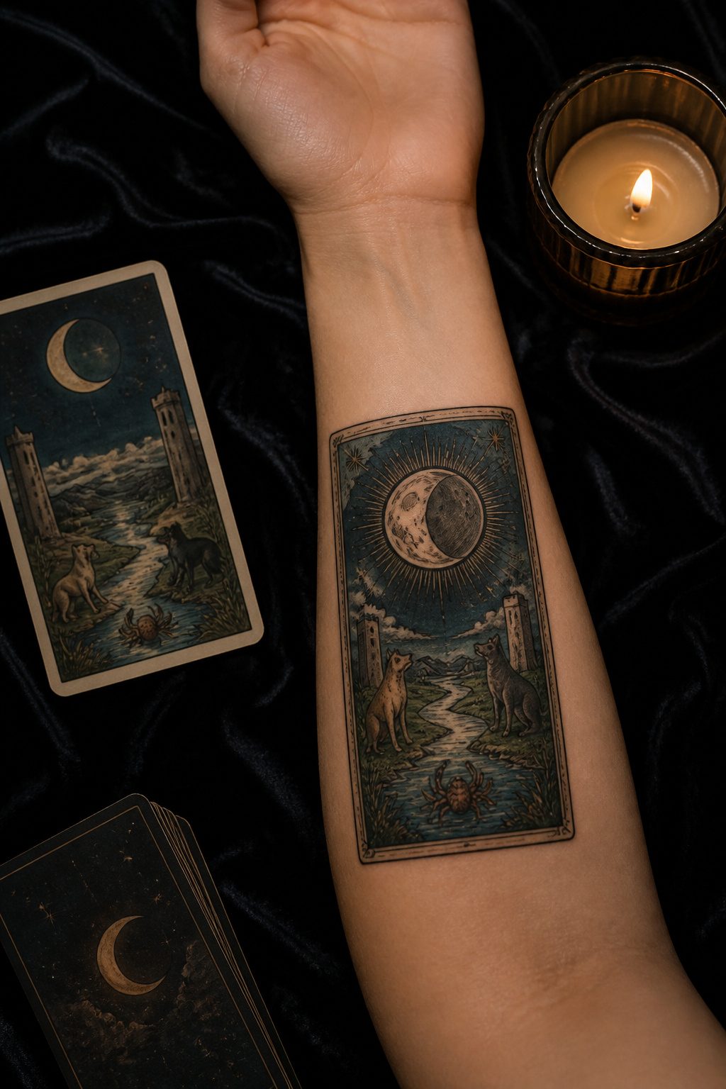 Tattoo of tarot cards, including The High Priestess and Death.