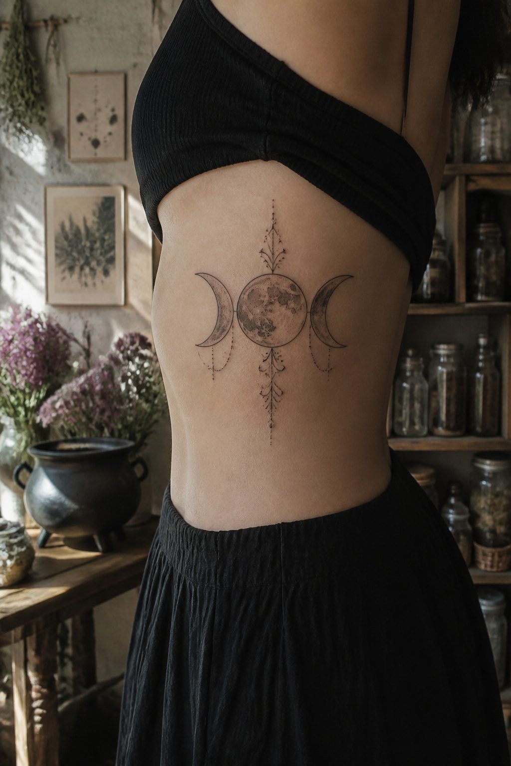 Tattoo of the triple moon symbol representing Maiden, Mother, and Crone.