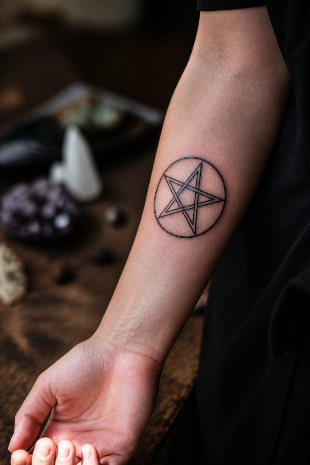 A pentagram tattoo displaying its five points clearly.